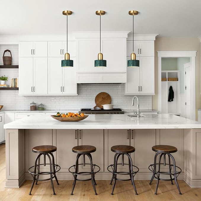 Natural Stone Pendant Lights Kitchen Island, Dark Green Brass Pendant Light Fixtures, Pendant lamp Marble Cylinder Shade Copper, for Bedroom Bathroom Dining Room Living Room(1-Pack)