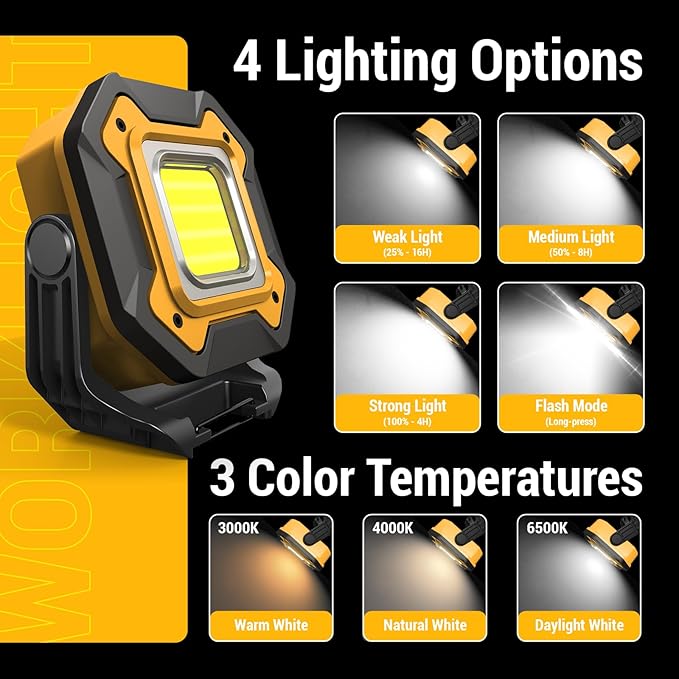 2 Pack Rechargeable LED Work Light, 6000mAh 16 Hours Long-Lasting Cordless Magnetic Light, IPX5 Waterproof, 360°Rotate Portable Flashlights, Battery Lamp for Car Repair&Camping, Gifts for Men