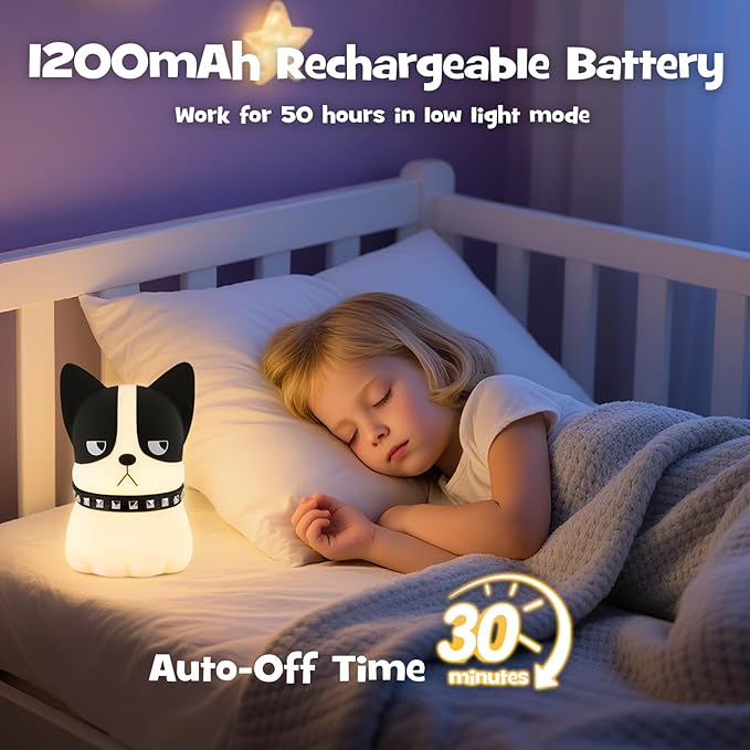 Squishy Puppy Night Light with RGB Mode 3 Brightness Adjustable Nursery Breastfeeding Nightlight Cute Novelty French Bulldog Animal Lamp Rechargeable Silicone Touch Bedside Lamp for Bedroom Dorm Decor