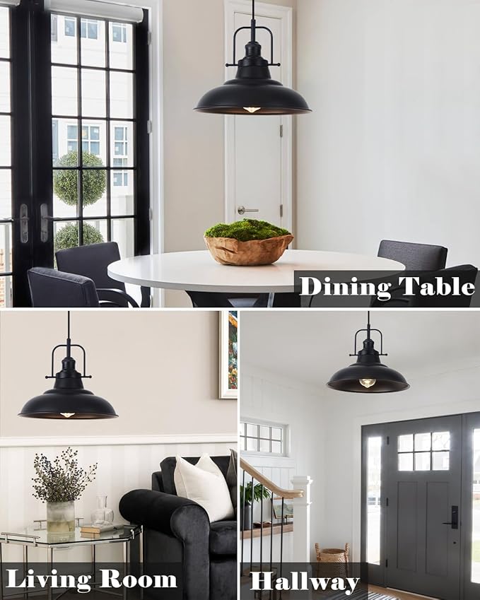 Industrial Pendant Lights 3 Packs, 12.2 Inch Black Pendant Lights Kitchen Island, Metal Pendant Lighting, Vintage Farmhouse Pendant Light for Kitchen, Living Room, Hallway
