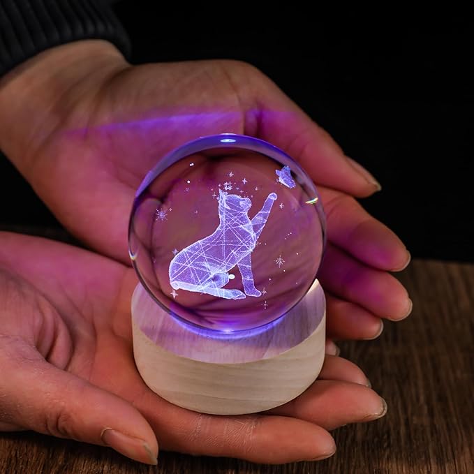60mm 3D Crystal Ball Cat Lover Gifts for Women Cat Themed Sympathy Figurines Decor Gifts with Wooden Light Base