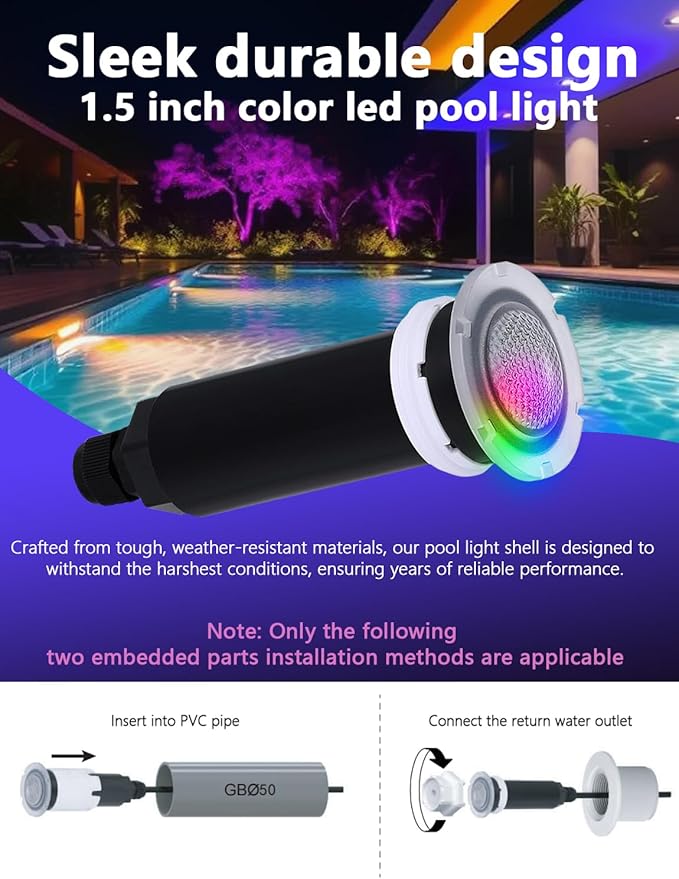 Direct Replacement for Pentair Globrite Pool Light - 1.5 Inch Pool Lights 12VAC 100ft Cord RGB Color LED Changing Swimming for Inground Pools/Spa