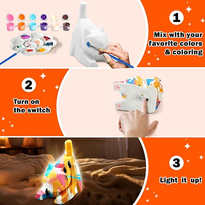 FUNZBO 4.3in Paint Your Own Cat Lamp Kit - Easter Basket Stuffers, Arts and Crafts Supplies Painting for Kids Teens, DIY Night Light Toy for Girls Boys Age 3 4 5 6 7 8 9 10 11 12 13 Birthday Gifts
