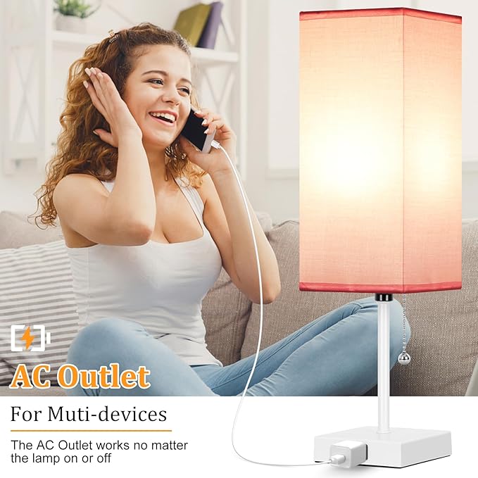 18'' Table Lamp for Bedroom set of 2,3-Color Bedside Lamps with Pull Chain Table Lamps for Night stands ,Small Night Light Lamps with 2 Bulbs Lamps for Living Room Kids Room Office Decor（Pink+White）