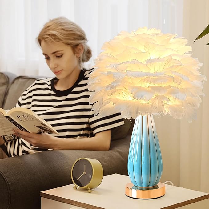 Chic White Feather Lamp Creative Feather Bedside Lamp Princess Nightstand Table Lamp Deco Romantic Atmosphere Desk Light for Cute Girl Bedroom Wedding Gift Living Room Hotel Ceramic Body