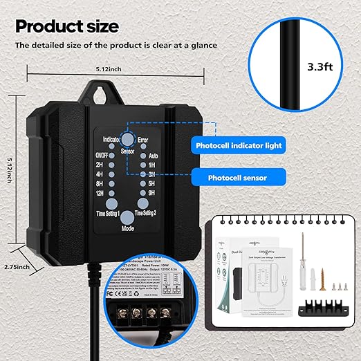SMY Lighting 100W Outdoor Low Voltage Transformer with Timer and Photocell Sensor,120V AC to 12V DC Weatherproof for LED Landscape Lighting,Deck Lights,Spotlight, Pathway Light,ETL Listed