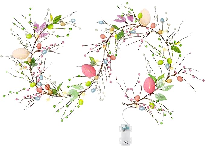 ATDAWN 6 FT Easter Egg Christmas Garland, Battery Operated Christmas Garland with Lights, Eggs Christmas Garland for Easter Holiday Spring Home Christmas Decoration