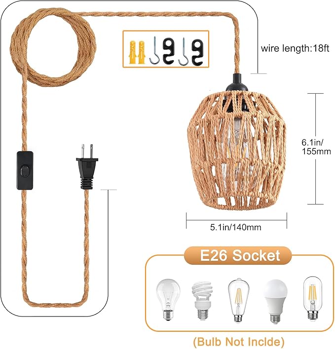 Plug in Pendant Light, Industrial Hanging Light with Plug in Cord Hemp Rope On/Off Switch Farmhouse, Vintage Pendant Light Fixture, Hanging Lamps for Dining Room