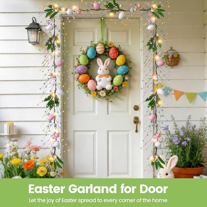 6 FT Pre-Lit Easter Garland with 20 LED Lights & 8 Mode Timer, Mixed Pastel Easter Pip Berry Spring Galand for Mantle Decorations, Lighted Artificial Easter Egg Garland for Fireplace Table Holiday
