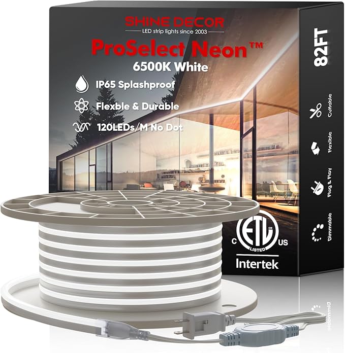 Shine Decor LED Neon Rope Lights AC 120V, ETL-Listed Flexible 120LEDs/M Dotless Strip Lighting, Custom Cuttable & IP65 Waterproof for Indoor Outdoor, 7x14.5mm, 6500K Cool White, 82FT