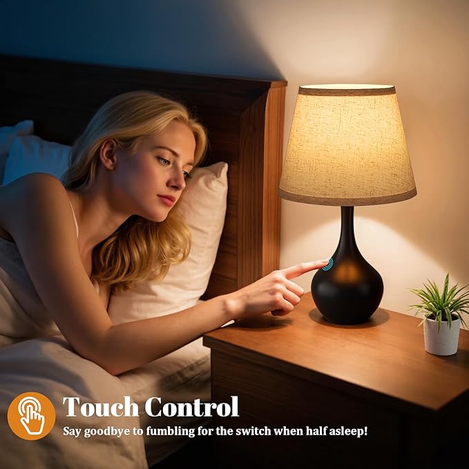 Seealle Touch Table Lamps for Bedroom Set of 2,3-Way Dimmable Small Bedside Lamps for Night Stands with Wires, Black Desk Lamps for Kids Room,Office,Living Room, End Table(LED Bulbs Included)