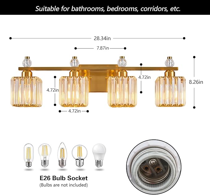 Vanity Lights 4-Light Modern Crystal Vanity Light Gold Bathroom Light Fixtures Over Mirror Crystal Bathroom Vanity Lighting Fixtures