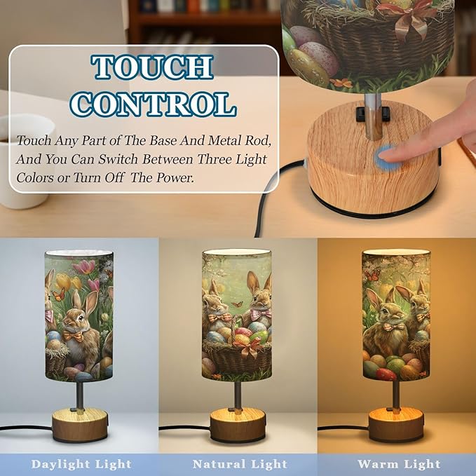 ALAZA Bedside Table Lamp Rabbit Easter Bunny Egg Touch Lamp for Bedroom 3 Way Dimmable Nightstand with USB Charging Ports Living Room, LED Bulb Included