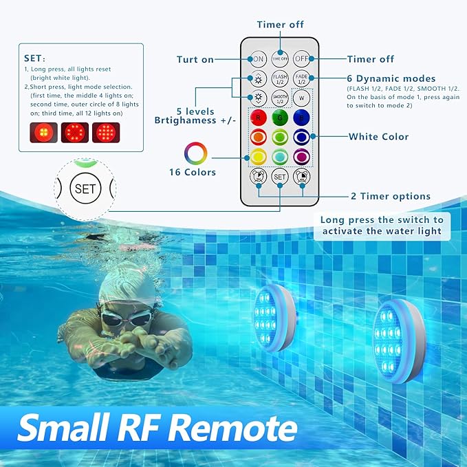 Rechargeable Submersible LED Pool Light With Remote - IP68 Waterproof 16 Colors, 2600mAh Battery, Magnet for Inground Pool, Hot Tub, Pond (1 Pack)