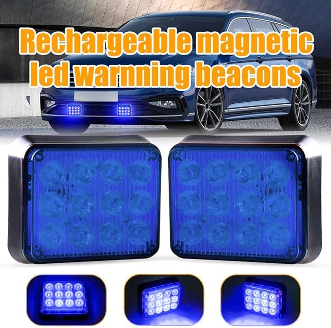 2PCS LED Wireless Magnetic Strobe Lights LED Blue Beacon Warning Emergency Light, Waterproof Surface Mount Flashing Rechargeable Strobe Light for 12V-24V Trucks Vehicles Police Cars ATV SUV