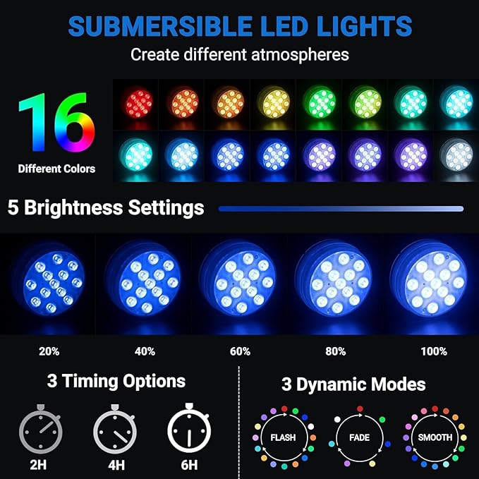 LOFTEK Submersible LED Lights with Remote, 13 LED Pool Lights for Inground Above Ground Pool with Magnets &Suction Cups,16 Color Changing Underwater Light for Ponds Battery Operated, 6 Pack