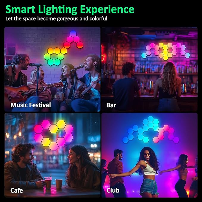 Large Hexagon Lights 8 Pack LED Gaming Panel - RGB Led Hex Light Panels Remote & App Control Geometry Night Lamp DIY Hexagon Smart Wall Lights Sync to Music for Room Bar Decor Gaming Setup