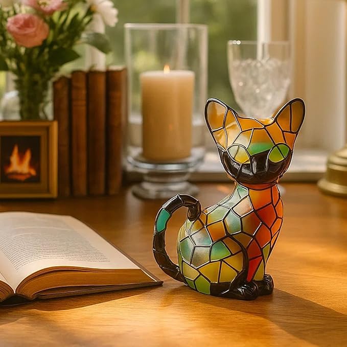 Cat Lamp, Stained Glass Cat Lamp, Decorative Resin LED Night Light for Cat Lovers, USB Vintage 3D Table Lamp Cozy Glow for Desk & Mantel – Fun Gift for Pet Owners (Little Kitten)