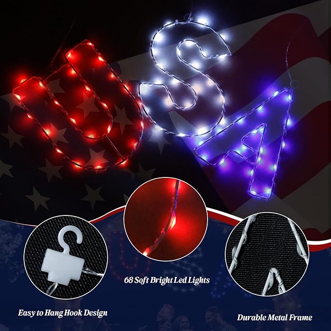 4th of July Window String Lights, USB Powered Twinkle Light for Independence Day Decorations, Memorial Day & Wedding Lights - Red White Blue Hanging Light with 68 LEDs for Trees & Home Decor