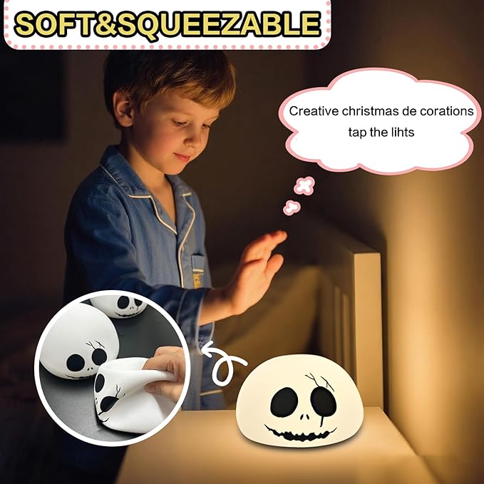 Cute Creative Christmas Skeleton Face Silicone Tap Light - Battery Powered, Multi-Color Changing, Safe and Soft for Indoor Holiday Decoration (White Skellington)