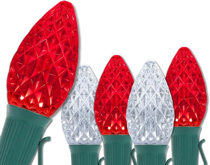 Wintergreen Lighting Set of 100 Red and Cool White Candy Cane C7 OptiCore Outdoor Christmas Lights - Commercial LED Bulbs on Heavy Duty 18 Gauge Green Wire (100 ft)