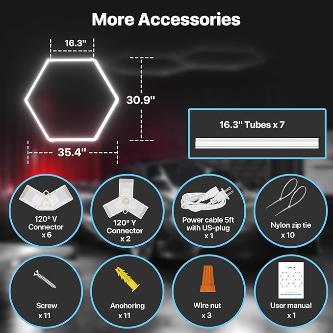 HYPERLITE Gen 2 Hexagon Garage Lights: 42W 4200LM 1 Grids DIY Hexagon Led Light, 6500K Ultra Bright Honeycomb Hex Lights, Easy Install, Durable Design for Garage, Shop, Basement, Barber, Homegym