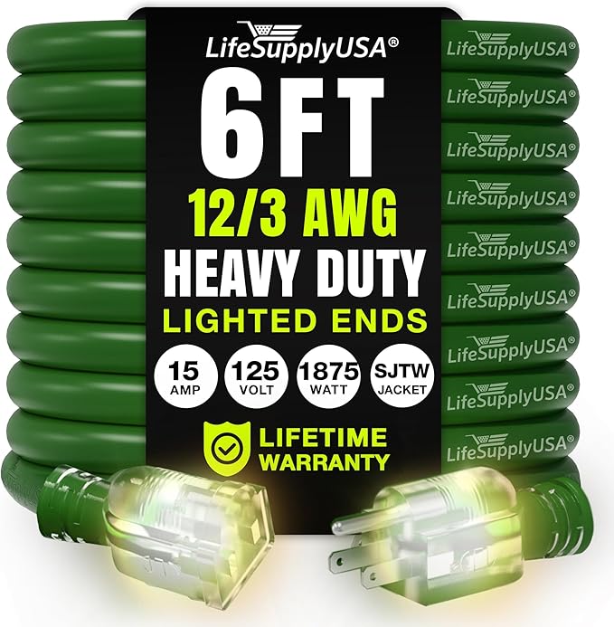 6ft Outdoor/Indoor Extension Cord 12/3 Gauge Extra Heavy Duty 3 Prong SJTW, Waterproof, Flexible Cold-Resistant Long Power Cord,125 Amp 1875W, Green by LifeSupplyUSA