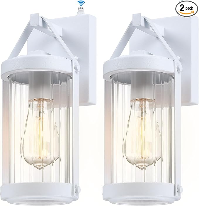 LONEDRUID 2 Pack Dusk to Dawn Sensor Outdoor Wall Sconce Lighting White Exterior Porch Lantern Modern Outside Garage Light Fixtures Waterproof Wall Mount Lamp for House Patio Front Door
