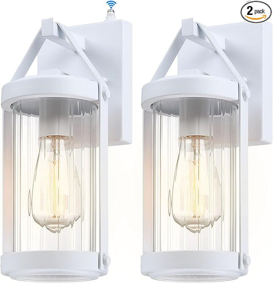LONEDRUID 2 Pack Dusk to Dawn Sensor Outdoor Wall Sconce Lighting White Exterior Porch Lantern Modern Outside Garage Light Fixtures Waterproof Wall Mount Lamp for House Patio Front Door