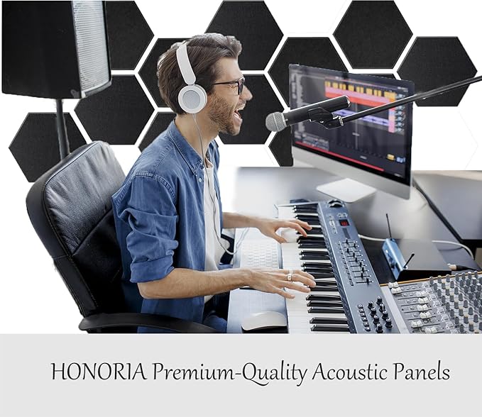 HONORIA 12-Pack Acoustic Panels，Soundproof Wall Panels，Hexagon Self-Adhesive 12"X10"X0.4，High Density Sound Dampening Panels- Black