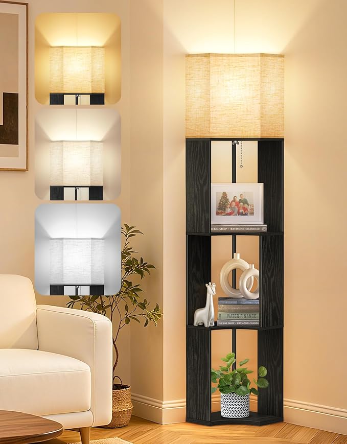 OUTON Floor Lamp with Shelves, Modern Tripod Standing Shelf Lamp with 3 Color Temperature Bulb, Storage Display Wood Column Tall Bookshelf Lamp for Living Room, Bedroom Office, Black