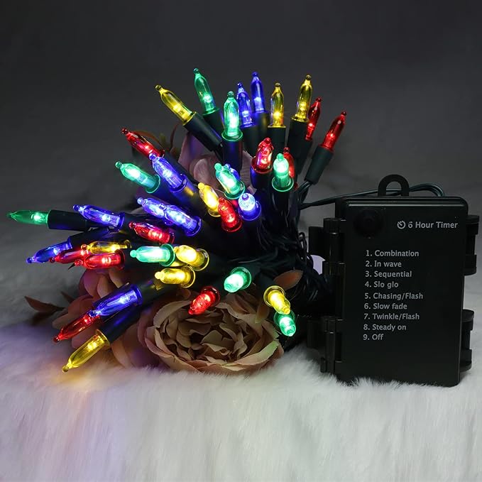100LED Mini Lights,Green Wire,Waterproof Battery Case,Multi Functions,Timer,Multi（2 Sets - Each 50 Count LED）