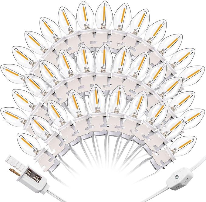 Enhon Accessory Cord with LED Light Bulb, 60.7Ft Light Clip Replacement Cord with 36 C7 Bulb Fused Switch Plug for Christmas Village Trees Blow Mold Salt Lamp Holiday Party House Decoration