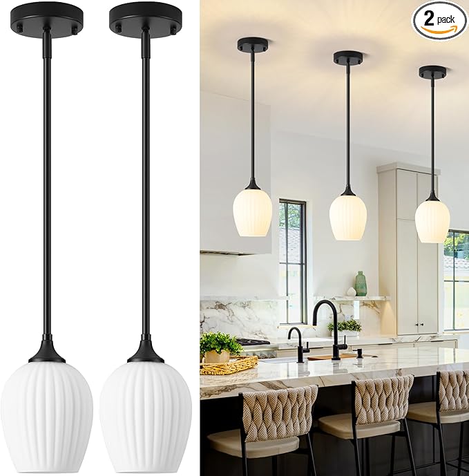 Black Pendant Lights Kitchen Island 2 Pack, 5.8" Modern Milk Glass Pendant Light Fixtures with Rods, Mini Hanging Lighting for Kitchen Island Sink Bathroom Dining Room, E26 Base