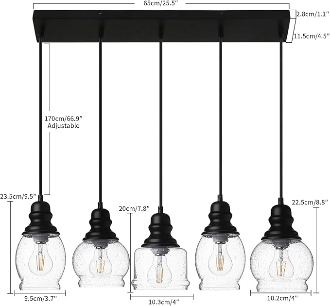 WILON Pendant Lights Kitchen Island, 5-Light Dining Room Light Fixture with Seeded Glass Shade, Farmhouse Chandeliers for Dining Room Matte Black Finish Hanging Linear Chandeliers for Kitchen Island