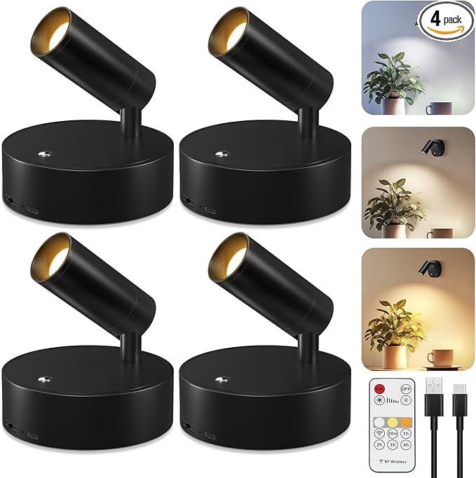 Kimjo Spot Lights Indoor, Wireless LED Spotlight, Uplighting Indoor with Remote and Dimmable, Accent Lighting for Plants, Picture, Battery Operated Wall Light (Black 4 Pack)