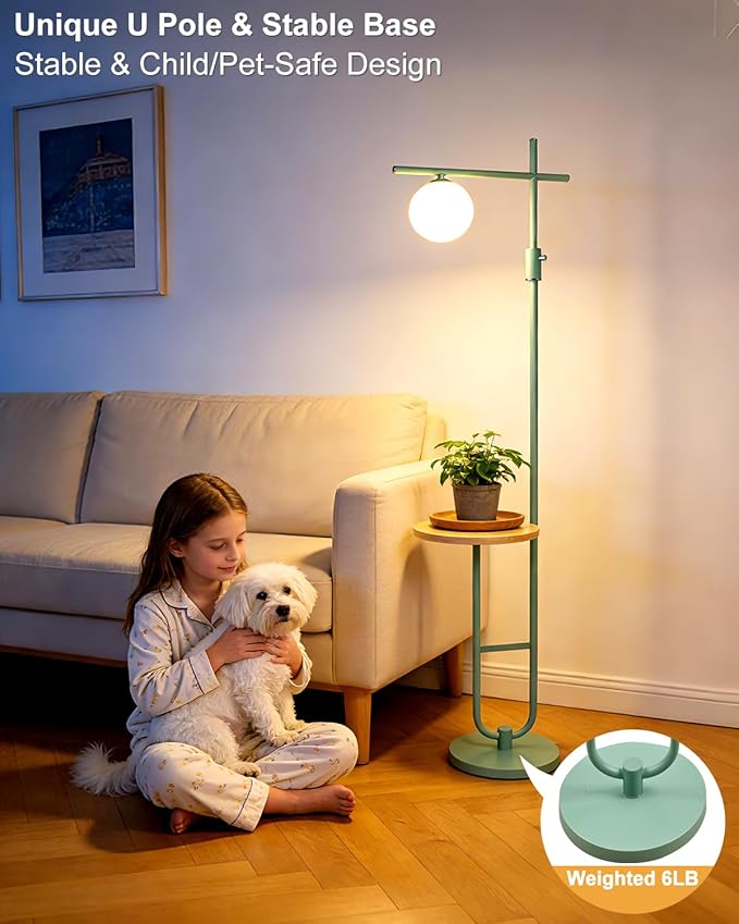 Lightdot Floor Lamps with Storage Table 66IN Black Dimmable, Modern Standing Tall Lamp with Milky White Globe Lampshade, Cross-Shaped Lamp Head and U-Pole Base Style for Living Room/Bedroom/Office