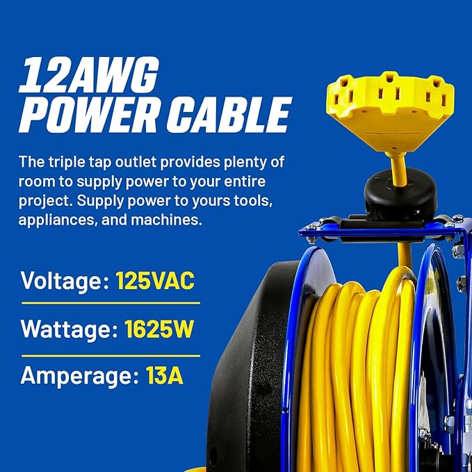 Goodyear Retractable Extension Cord Reel – Heavy-Duty Commercial Cable with Triple Tap Connector, Auto-Rewind & Wall/Ceiling Mountable (Industrial, 12AWG x 80 ft)
