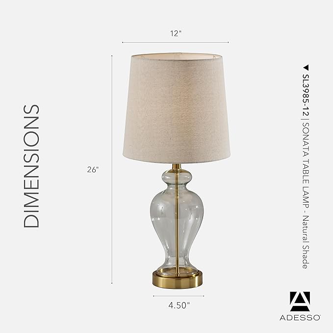 Adesso Table Lamp with Glass Base, Brass Accents, and Tan Textured Lampshade – Bedside Table, Home Office Lighting, or Living Room Decor, 26” x 12”