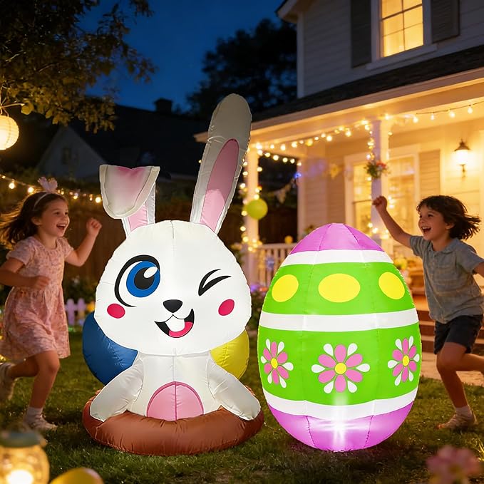 Dearsun Set of 2PCS, 4FT H Easter Inflatable Bunny and Egg, Outdoor Easter Egg Hunting Sign Decorations, Cute Easter Blow up Winking Bunny & Giant Egg, Yard Decoration with LED Lights for Party Decor