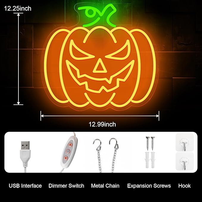 Halloween Neon Sign, Halloween Pumpkin Neon Light, Halloween Light Up Decor for Wall Decor Pumpkin Light for Bedroom Home Bar Halloween Trick or Treat Party Backdrop Decor