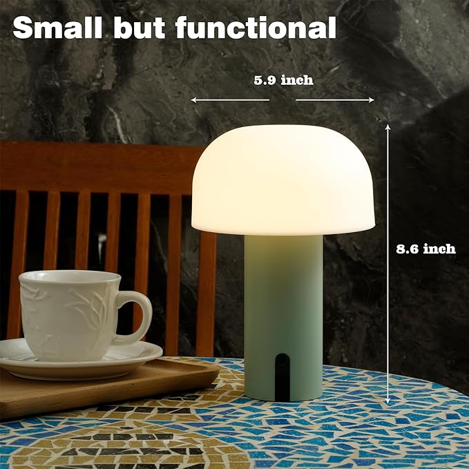 Cordless Mushroom Table Lamp for Outdoor/Indoor, Rechargeable Waterproof Battery Operated Lamp, 3-Color Touch Dimmable Light for Bedside/Shower/Patio/Camping/Dinning/Counter/Kitchen/Nursery Sage Green