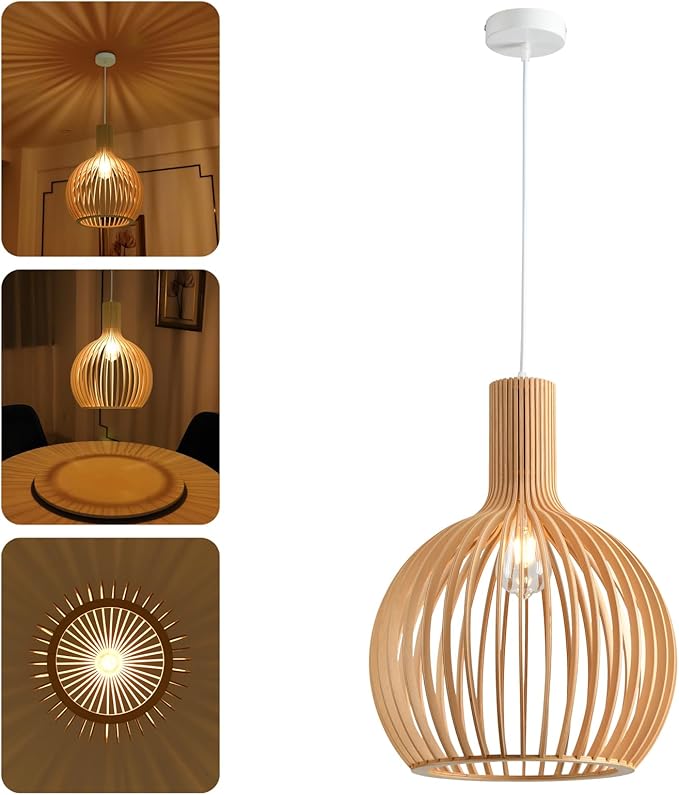 Wood Pendant Light, Natural Weaving Hanging Lamp, E26 Base Wooden Hand Made Chandelier, Boho Height Adjustable Dining Table Hanging Lamp for Bedroom Bar Café Kitchen Island Hallway Living Room