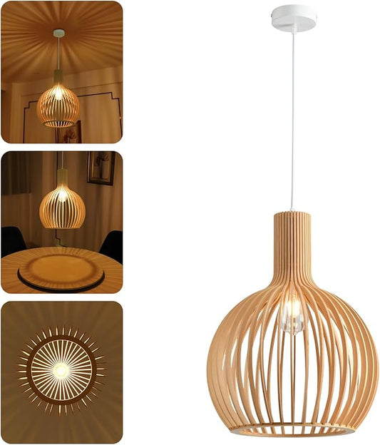 Wood Pendant Light, Natural Weaving Hanging Lamp, E26 Base Wooden Hand Made Chandelier, Boho Height Adjustable Dining Table Hanging Lamp for Bedroom Bar Café Kitchen Island Hallway Living Room