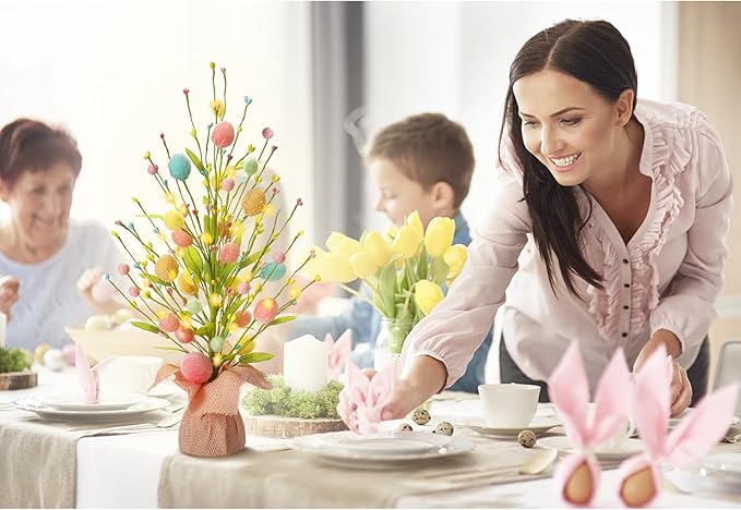 RoseCraft Easter Decorations, Artificial 18 Inch Pre-Lit Easter Egg Tree Tabletop Decor with Delicate Ornaments, for Home Party Wedding Holiday Spring Summer Decoration, Pink/Blue/Yellow.