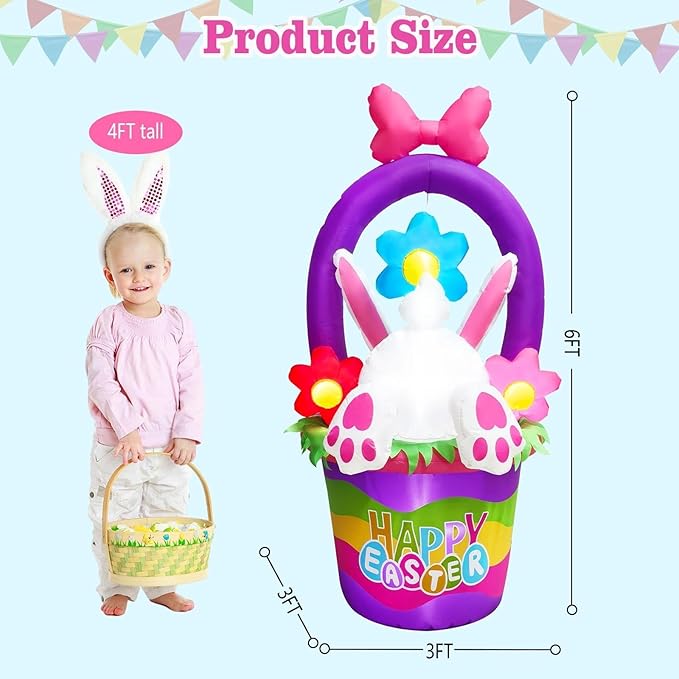 6FT Tall Easter Inflatable Bunny Jumping into the Flower Basket Outdoor Decoration, Blow Up Bunny Inflatables Built-in 5 LEDs for Easter Day Outdoor Indoor Yard Garden Lawn Decor