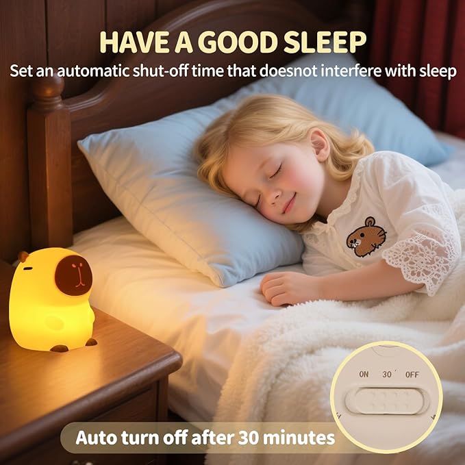 Capybara Night Light Squishy, 50Hrs Nursery Night Light, Touch Control 2 Brightness, 30Min Auto-Off, Rechargeable Bedside Lamp for Baby Kids, [Easter Gifts]