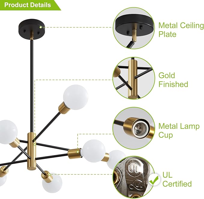 Sputnik Chandelier Mid Century Modern Industrial E26 Pendant Lighting Chandeliers Ceiling Light Fixture Black and Gold Light for Living Room,Kitchen,Bedroom,Dining Room and Farmhouse