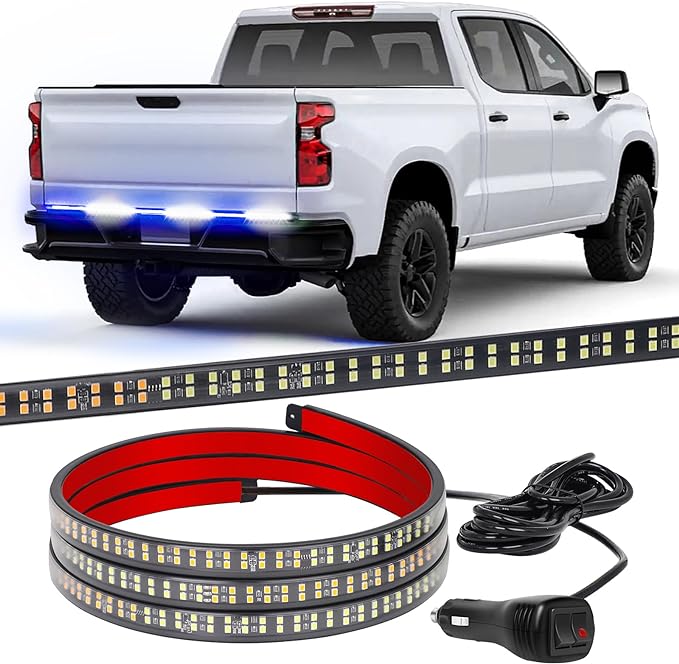 XRIDONSEN 48 inch Blue White Emergency Lights Strip Rear Window/Tailgate Lights 288 LED Tail Strobe Light Strip Flashing Warning Safety Caution for Police Firefighter Vehicles Trucks Pickup POV