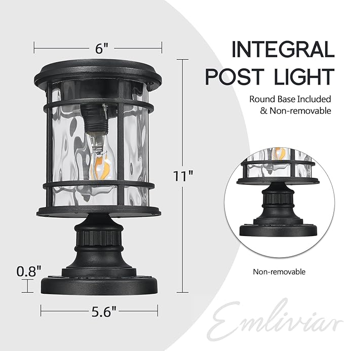 Emliviar Portable Solar Post Light Fixture with Fixed Pire Mount Base, Black 11“ Outside Solar Table Lamp with Remote Control, LED Post Lantern Head with Water Ripple Glass, XE229P-S-ML SL BK